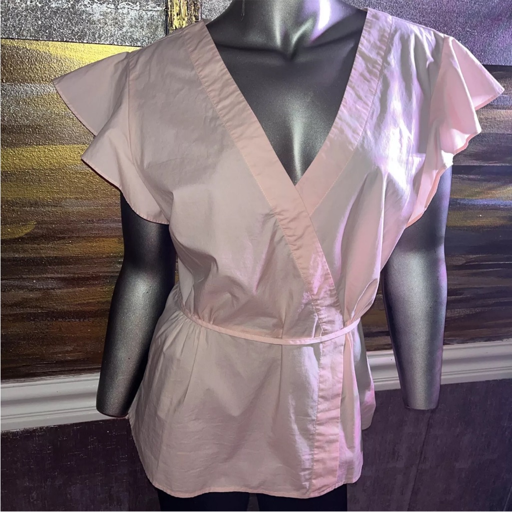 J.Crew Flutter Cap Sleeve Peplum Back Tie Waist Faux Wrap Cotton Top 16 Tall New
